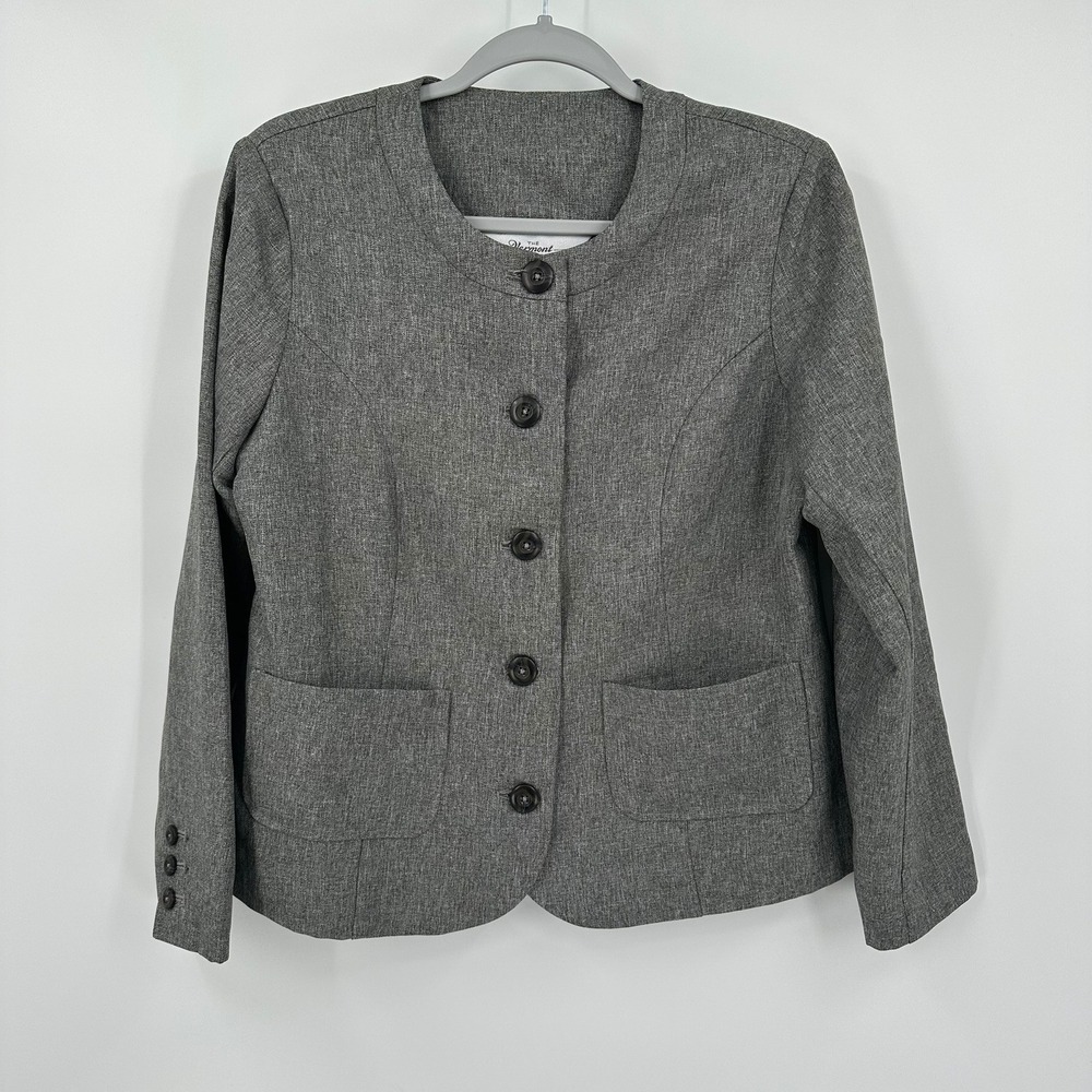 Vermont Country Store Womens Preppy Blazer Sz 10P Jacket Gray Modest Band Collar